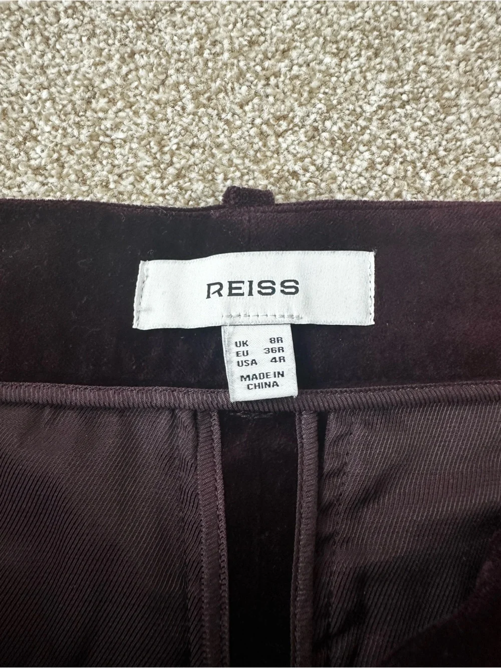 Reiss Elia Burgundy Velvet Satin Stripe Flared Wide Leg Trousers Size 4